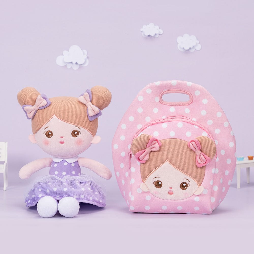 Puppenia Personalisierte Plüschpuppen mit Offenen Augen im Kleid mit Lila Punkten