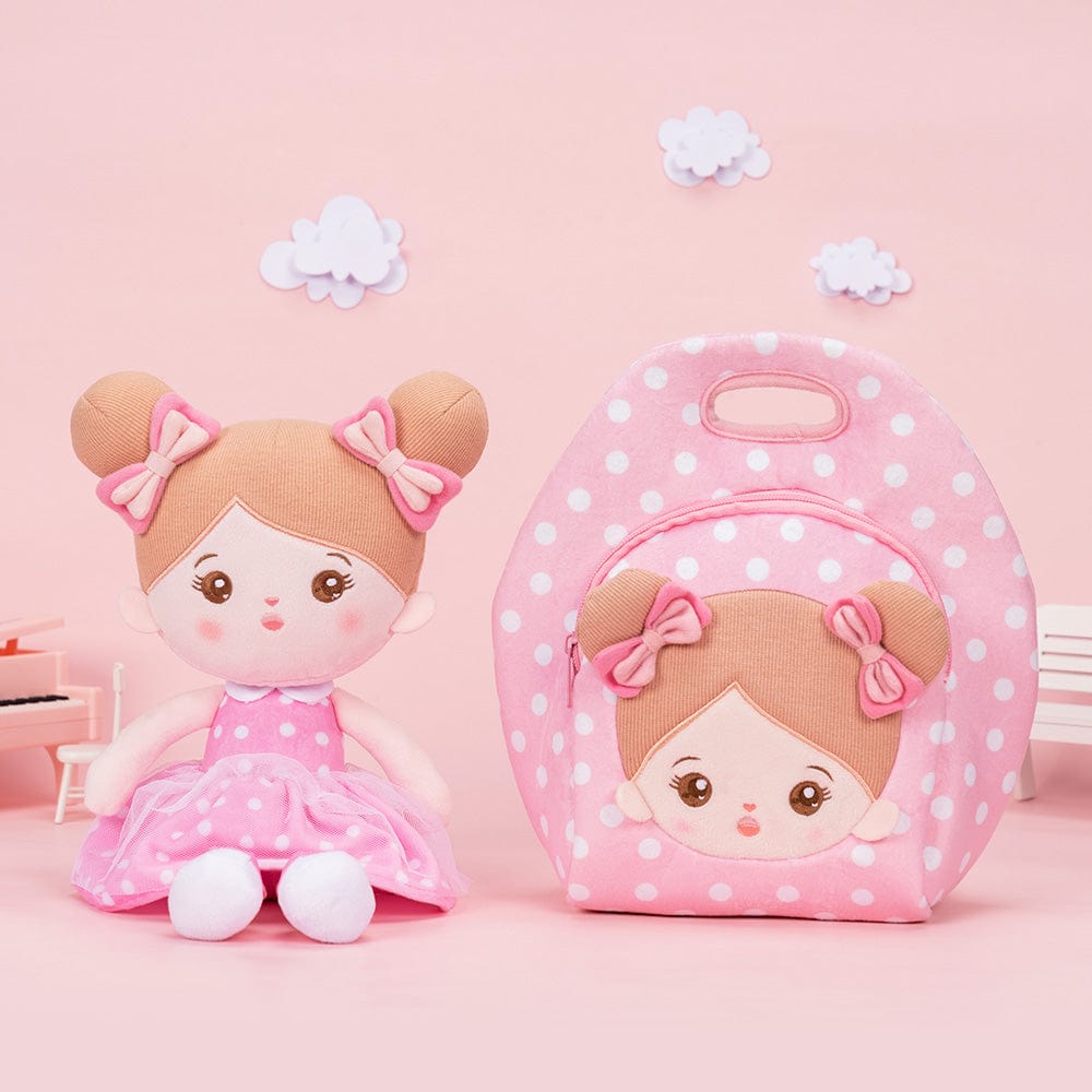 Puppenia Personalisierte Plüschpuppen mit Offenen Augen im Kleid mit Rosa Punkten