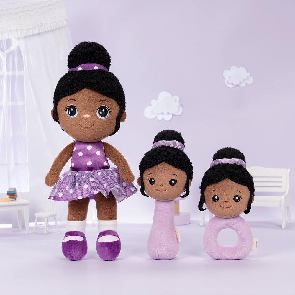 Black Kids Soft Plush Fabric Personalized Purple Baby Doll Rattle