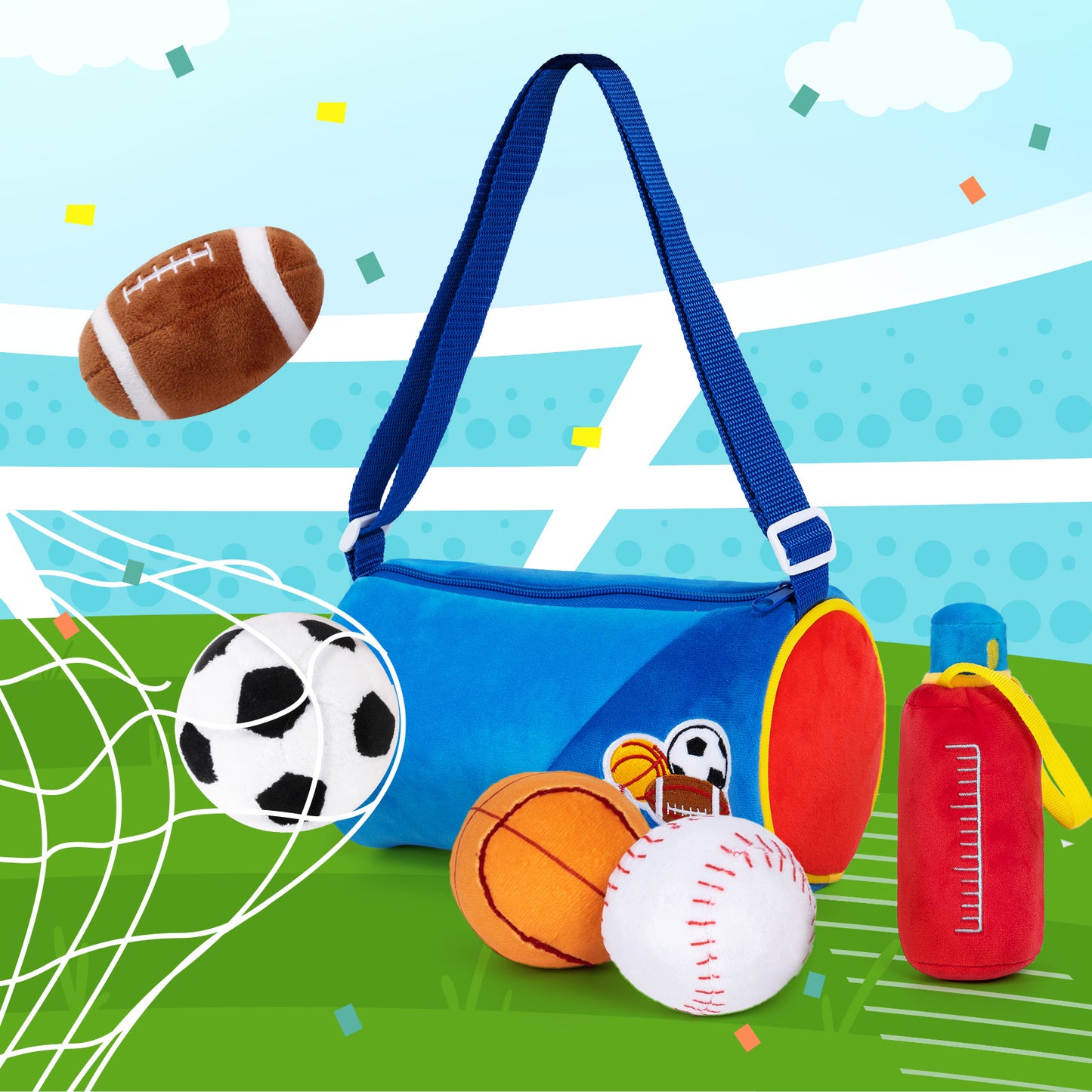 Personalisiertes sensorisches Plüsch-Spielzeug-Set „Babys erste Sporttasche“