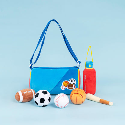 Personalisiertes sensorisches Plüsch-Spielzeug-Set „Babys erste Sporttasche“