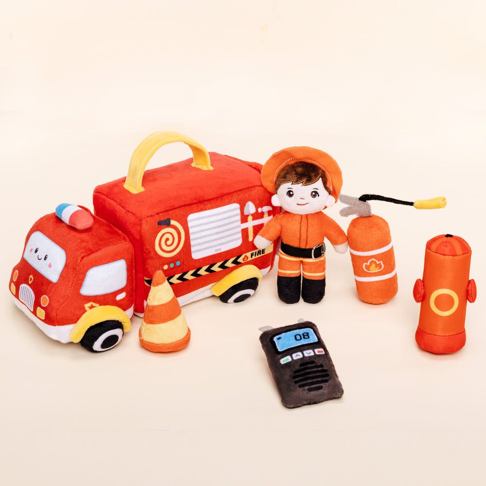 Personalisiertes Baby's First Fire Truck Plüsch Sensory Spielzeug Set