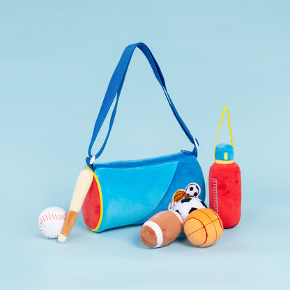 Personalisiertes sensorisches Plüsch-Spielzeug-Set „Babys erste Sporttasche“
