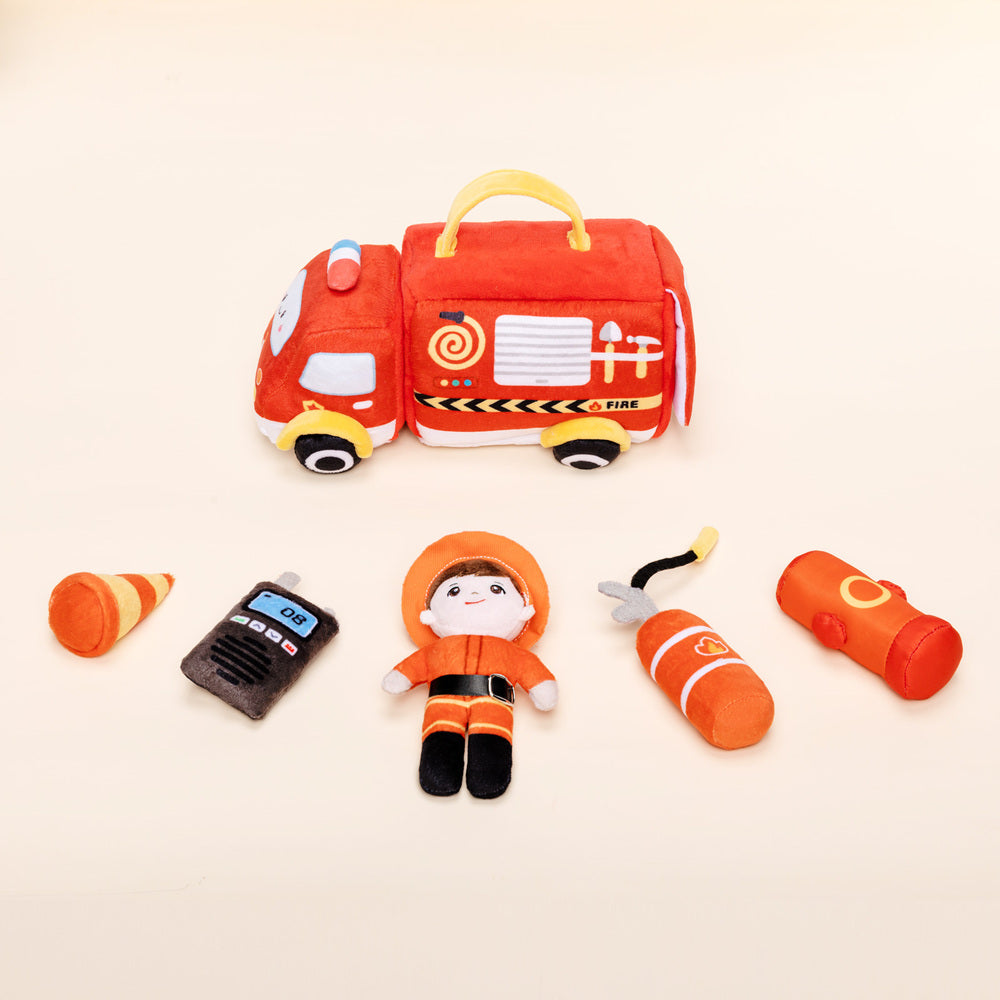 Personalisiertes Baby's First Fire Truck Plüsch Sensory Spielzeug Set