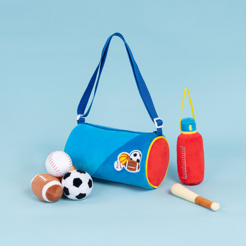 Personalisiertes sensorisches Plüsch-Spielzeug-Set „Babys erste Sporttasche“