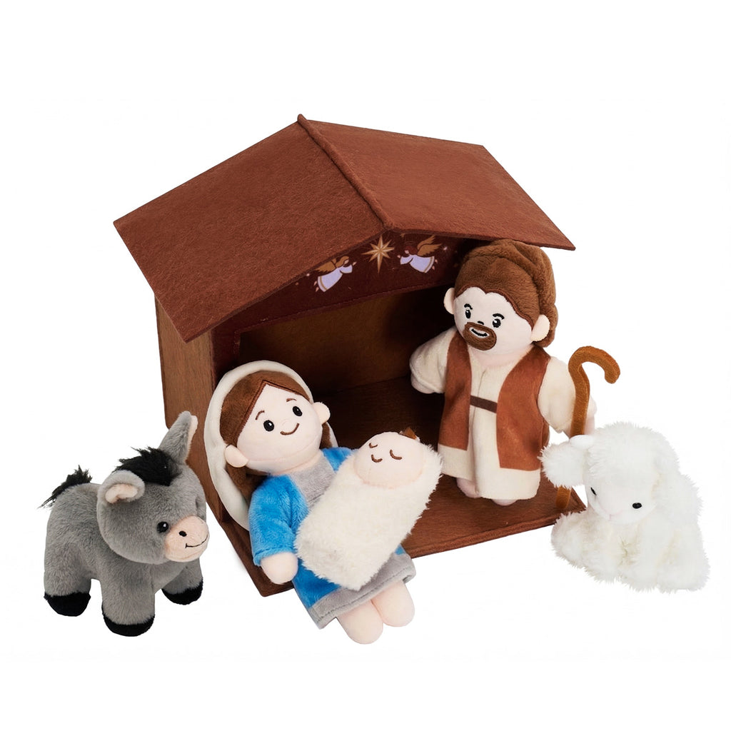 Sanftes Weihnachtskrippen-Set – Plüsch-Krippe mit Heiliger Familie & Tieren