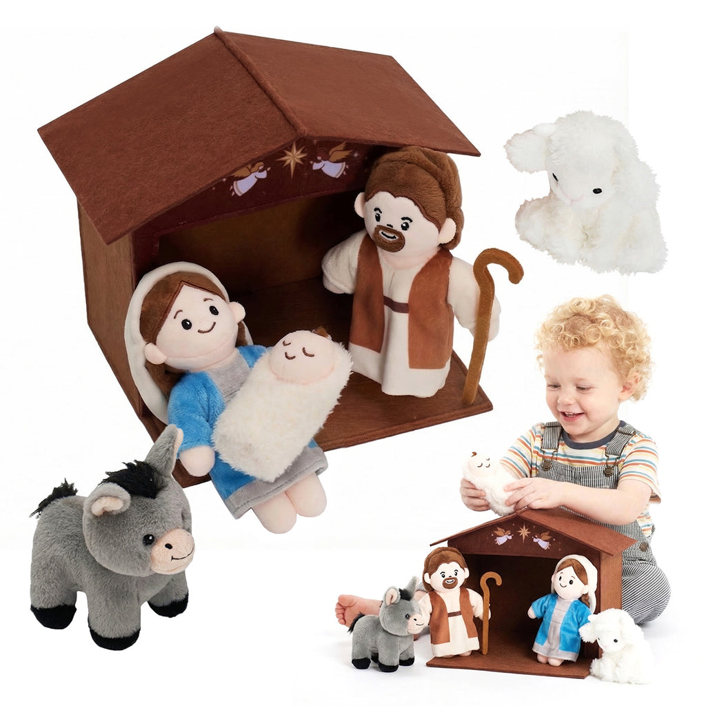 Sanftes Weihnachtskrippen-Set – Plüsch-Krippe mit Heiliger Familie & Tieren