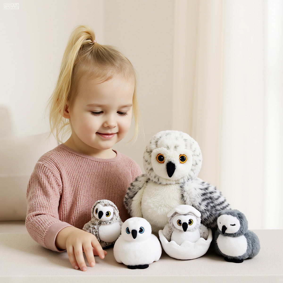 Plüschtier Eulefamilie mit 4-teiligem Baby-Geschenkset -Kopf kann gedreht werden