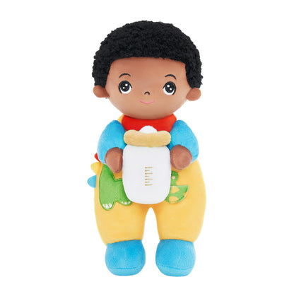 Personalisiertes Mini-Dinosaurier-Jungen-Plüschpuppen- und Geschenkset mit dunkler Hautfarbe