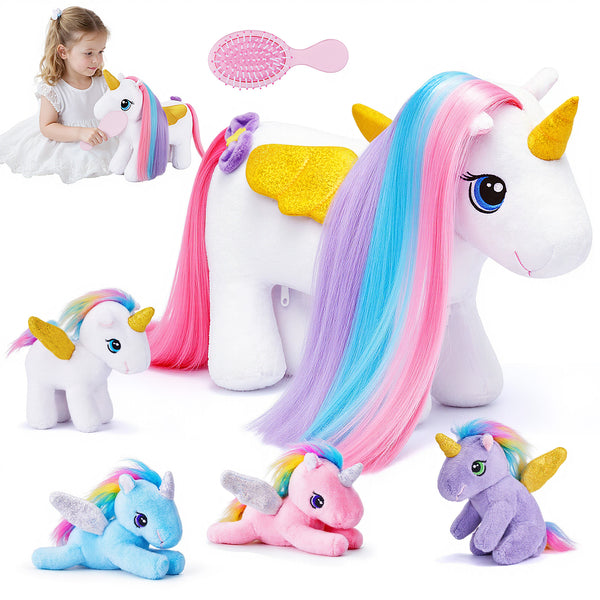 Einhorn-Mama mit Regenbogenmähne und 4 Babys – Plüschfigur