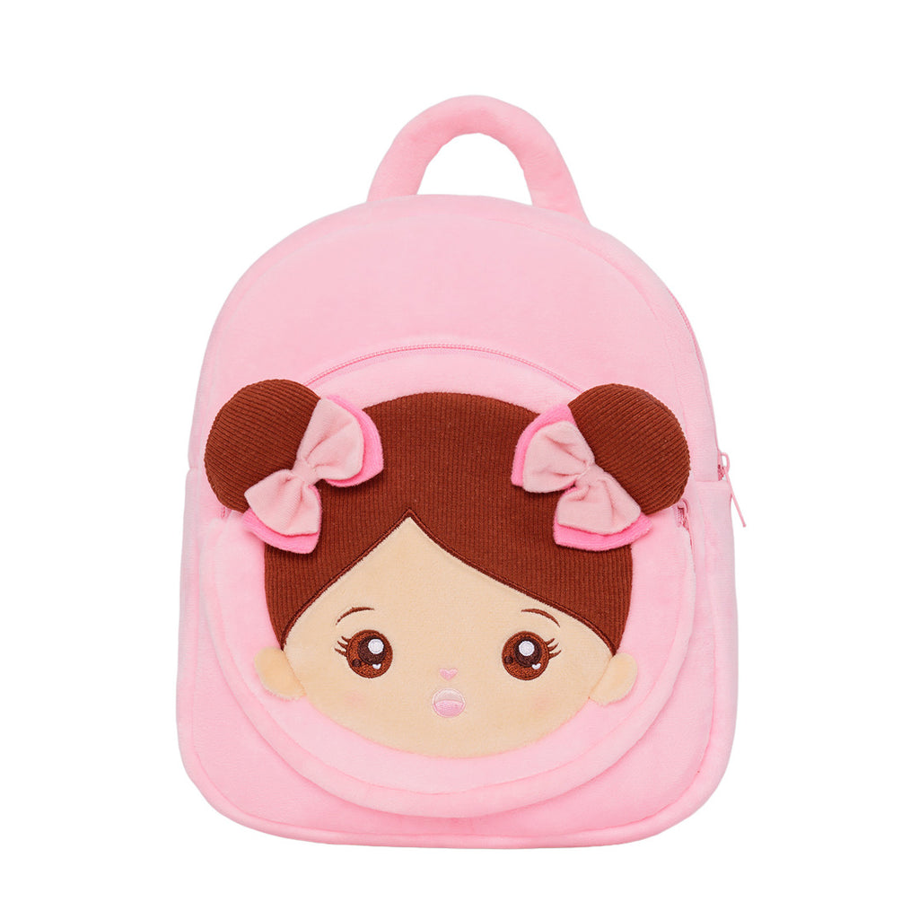 Personalisierter Plüschrucksack rosa mit brauner Haut und offenen Augen