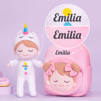 Personalisierte Plüschpuppe mit Regenbogenwimpern im Einhorn-Pyjama