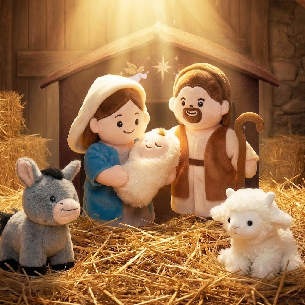 Sanftes Weihnachtskrippen-Set – Plüsch-Krippe mit Heiliger Familie & Tieren