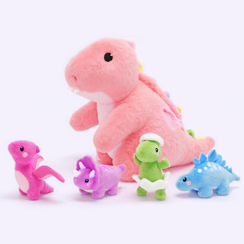 Süßes Dinosaurier-Plüschset mit 4 Baby-Dinos – praktisch als Umhängetasche!