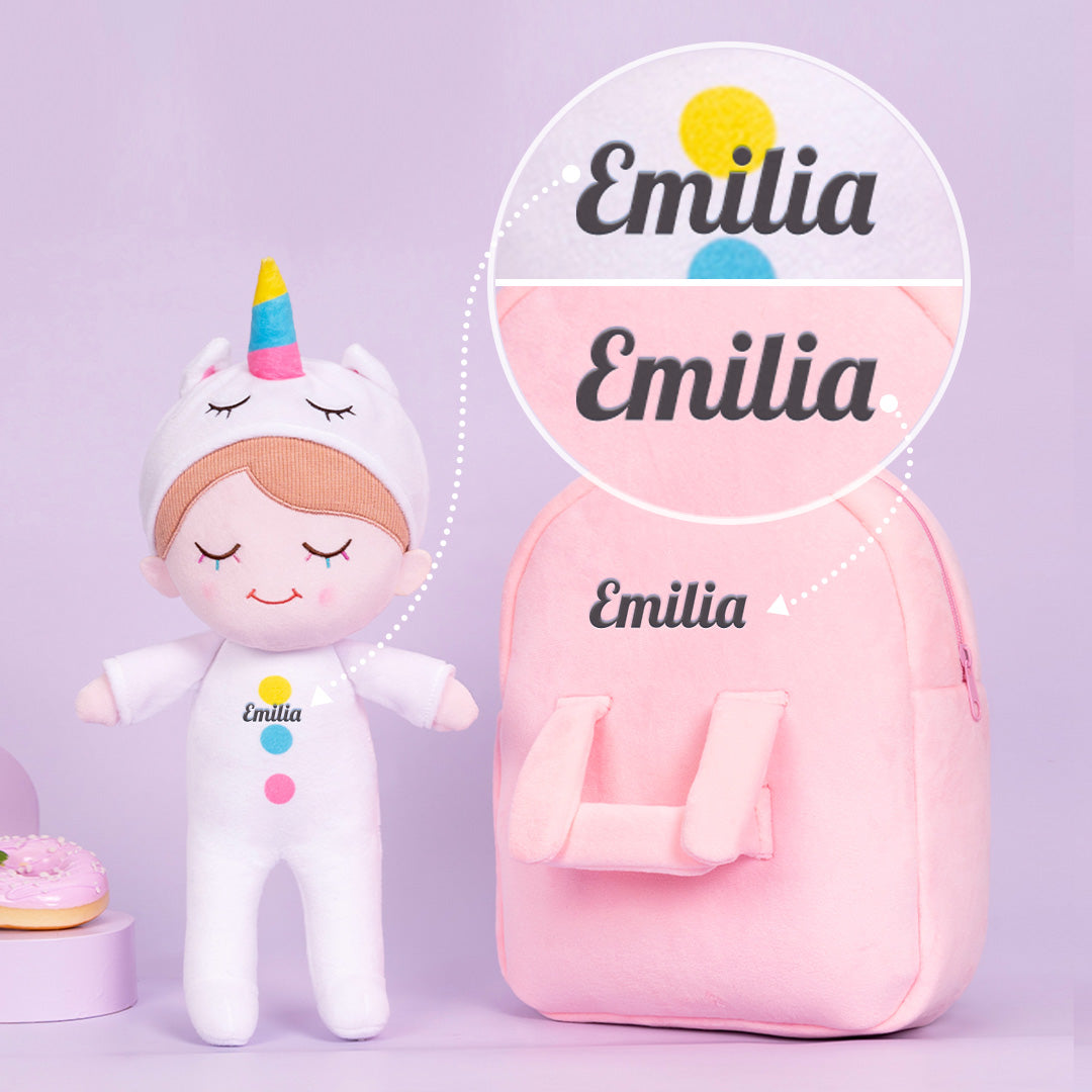 Personalisierte Plüschpuppe mit Regenbogenwimpern im Einhorn-Pyjama