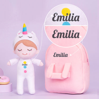 Personalisierte Plüschpuppe mit Regenbogenwimpern im Einhorn-Pyjama