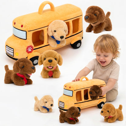 Personalisierbares Plüsch-Schulbus-Spielset mit Golden-Retriever-Welpen (5-teiliges Set)