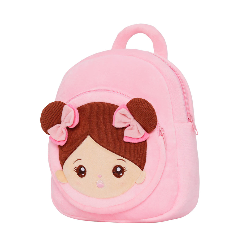 Personalisierter Plüschrucksack rosa mit brauner Haut und offenen Augen