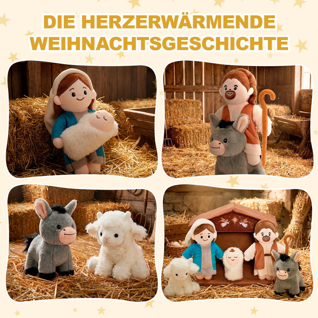 Sanftes Weihnachtskrippen-Set – Plüsch-Krippe mit Heiliger Familie & Tieren