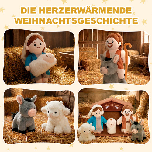 Sanftes Weihnachtskrippen-Set – Plüsch-Krippe mit Heiliger Familie & Tieren