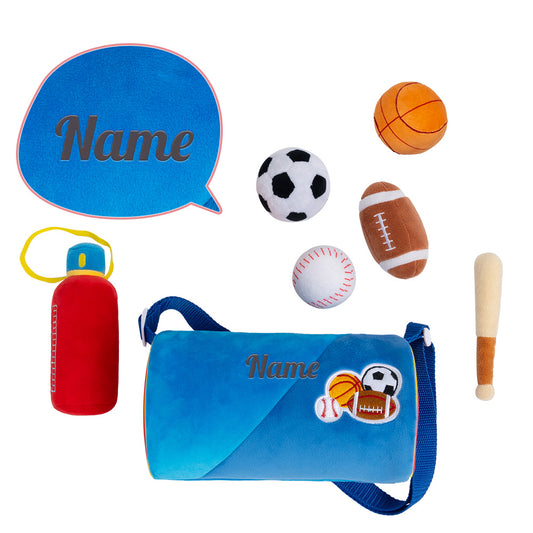 Personalisiertes sensorisches Plüsch-Spielzeug-Set „Babys erste Sporttasche“