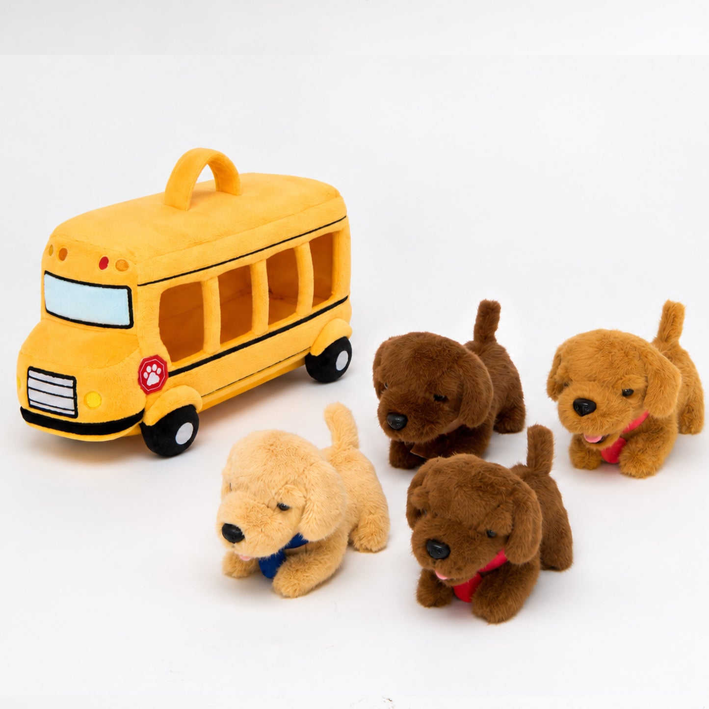 Personalisierbares Plüsch-Schulbus-Spielset mit Golden-Retriever-Welpen (5-teiliges Set)