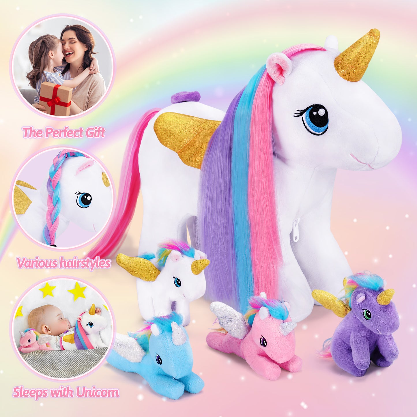 Einhorn-Mama mit Regenbogenmähne und 4 Babys – Plüschfigur