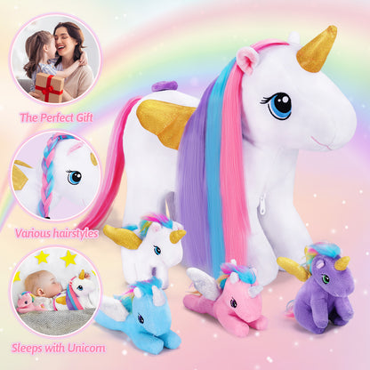 Einhorn-Mama mit Regenbogenmähne und 4 Babys – Plüschfigur