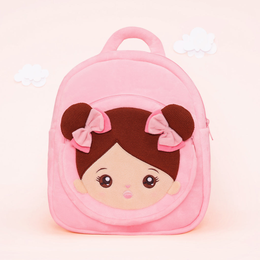 Personalisierter Plüschrucksack rosa mit brauner Haut und offenen Augen