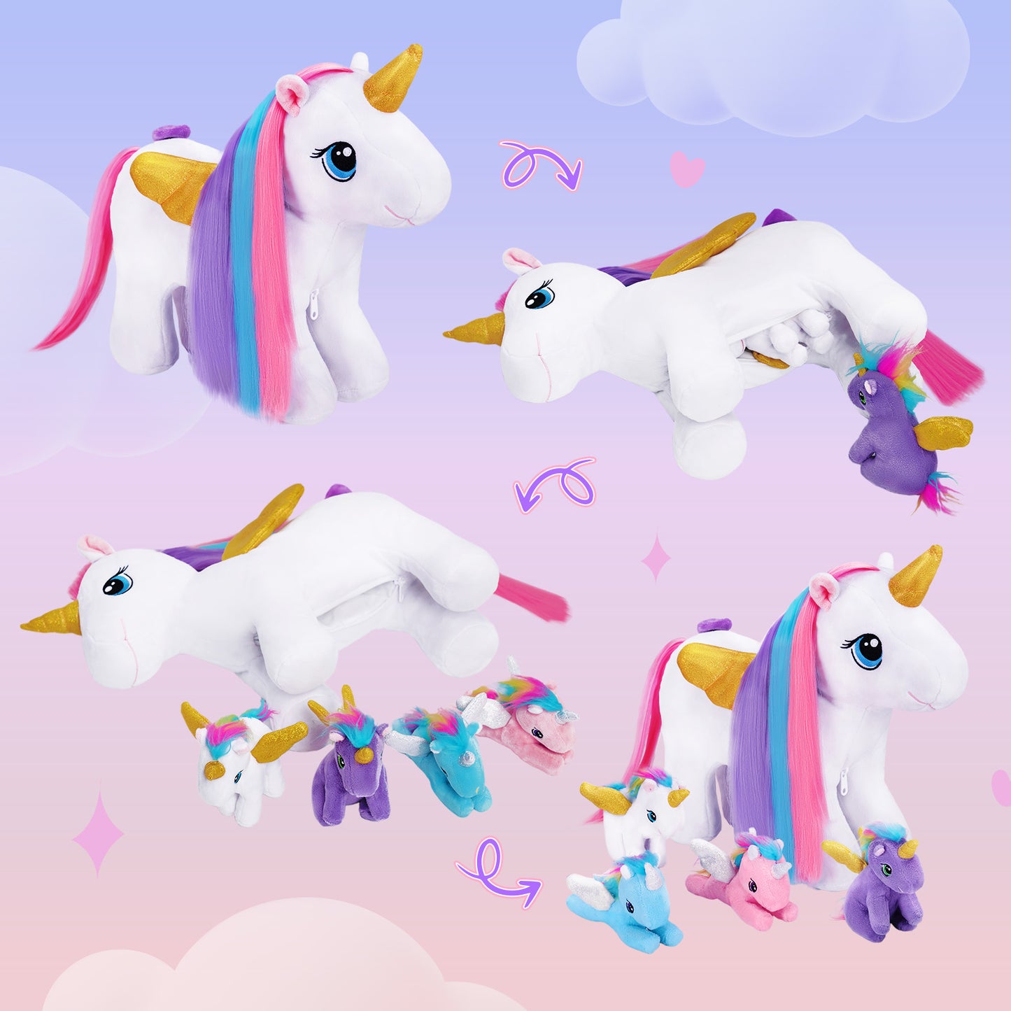 Einhorn-Mama mit Regenbogenmähne und 4 Babys – Plüschfigur