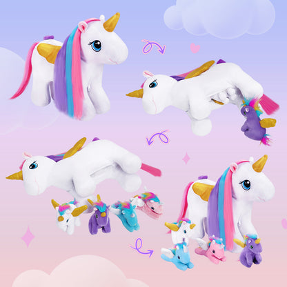 Einhorn-Mama mit Regenbogenmähne und 4 Babys – Plüschfigur