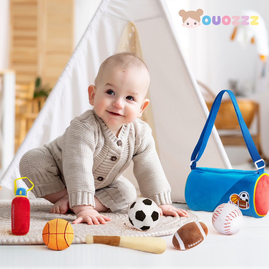 Personalisiertes sensorisches Plüsch-Spielzeug-Set „Babys erste Sporttasche“