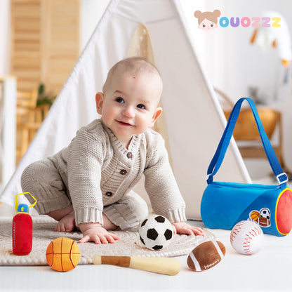 Personalisiertes sensorisches Plüsch-Spielzeug-Set „Babys erste Sporttasche“
