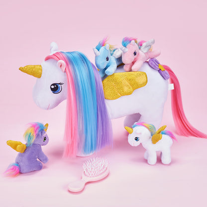 Einhorn-Mama mit Regenbogenmähne und 4 Babys – Plüschfigur