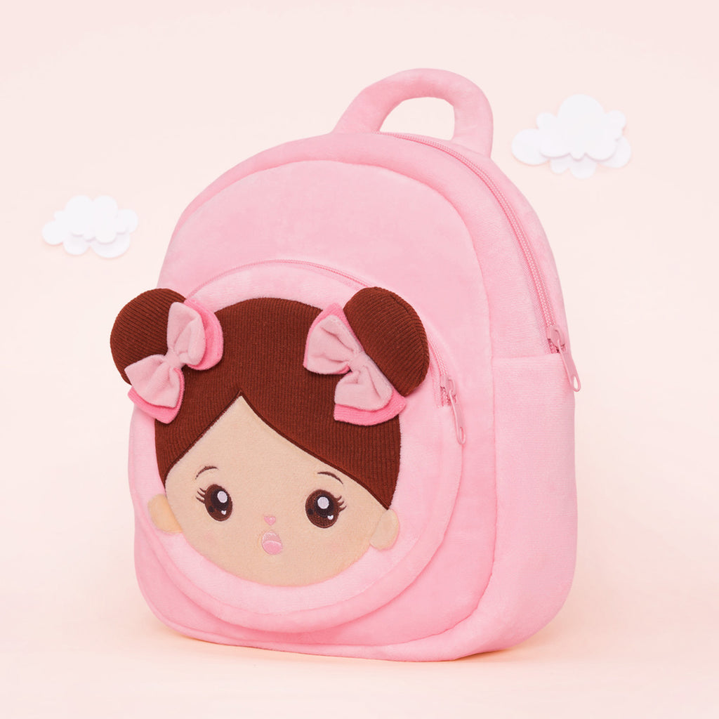 Personalisierter Plüschrucksack rosa mit brauner Haut und offenen Augen