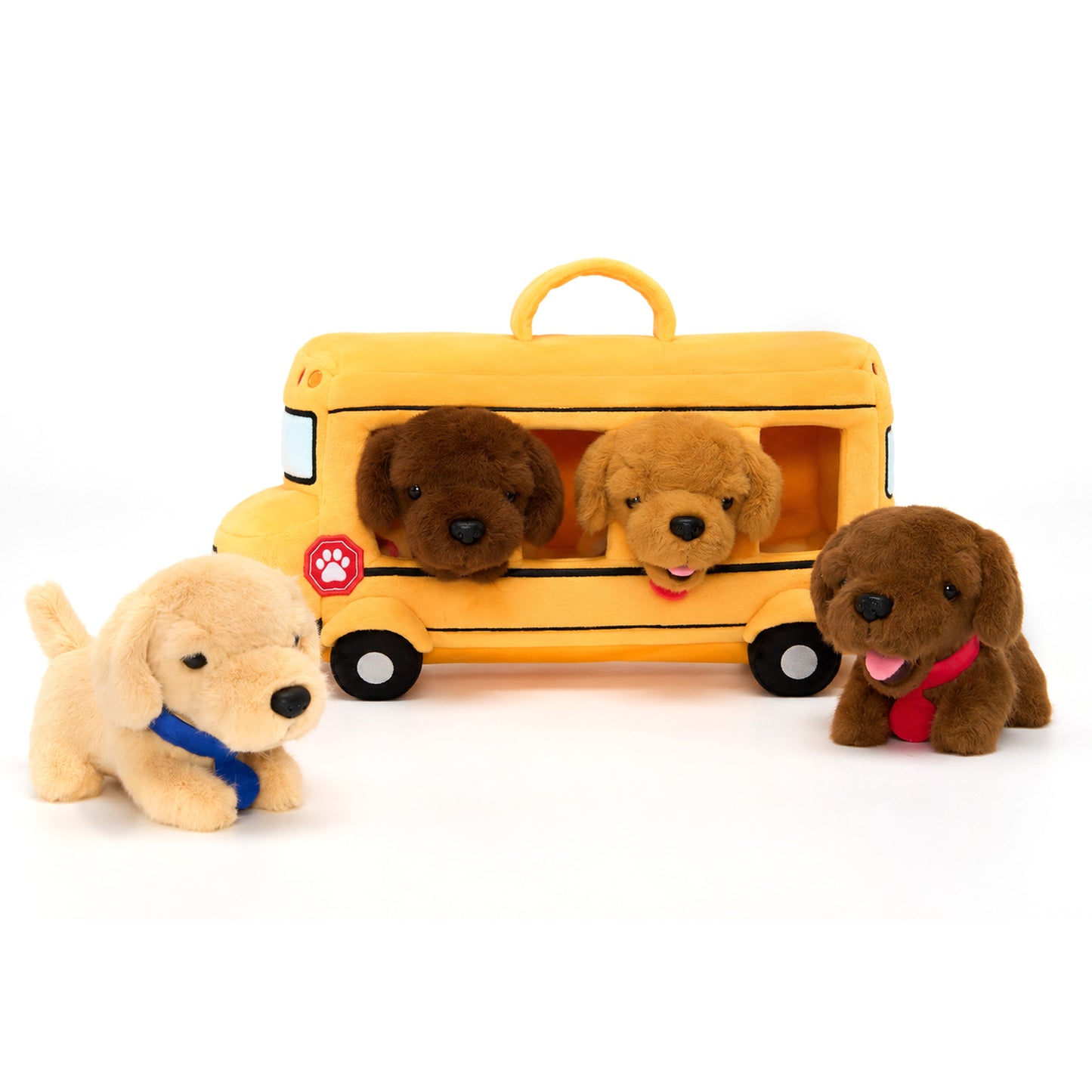 Personalisierbares Plüsch-Schulbus-Spielset mit Golden-Retriever-Welpen (5-teiliges Set)