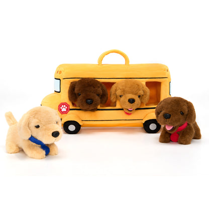 Personalisierbares Plüsch-Schulbus-Spielset mit Golden-Retriever-Welpen (5-teiliges Set)
