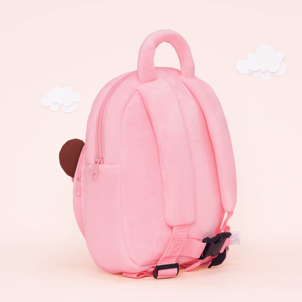 Personalisierter Plüschrucksack rosa mit brauner Haut und offenen Augen