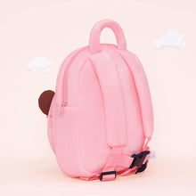 Laden Sie das Bild in den Galerie-Viewer, Personalisierter Plüschrucksack rosa mit brauner Haut und offenen Augen