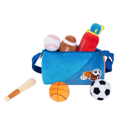 Personalisiertes sensorisches Plüsch-Spielzeug-Set „Babys erste Sporttasche“