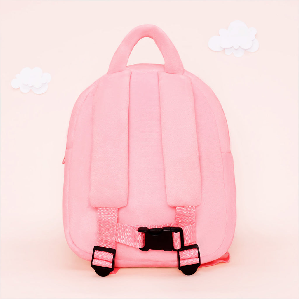 Personalisierter Plüschrucksack rosa mit brauner Haut und offenen Augen