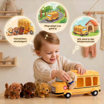 Personalisierbares Plüsch-Schulbus-Spielset mit Golden-Retriever-Welpen (5-teiliges Set)