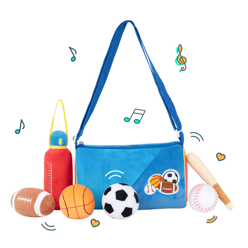 Personalisiertes sensorisches Plüsch-Spielzeug-Set „Babys erste Sporttasche“