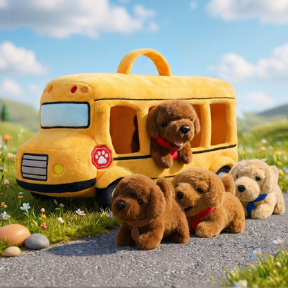 Personalisierbares Plüsch-Schulbus-Spielset mit Golden-Retriever-Welpen (5-teiliges Set)