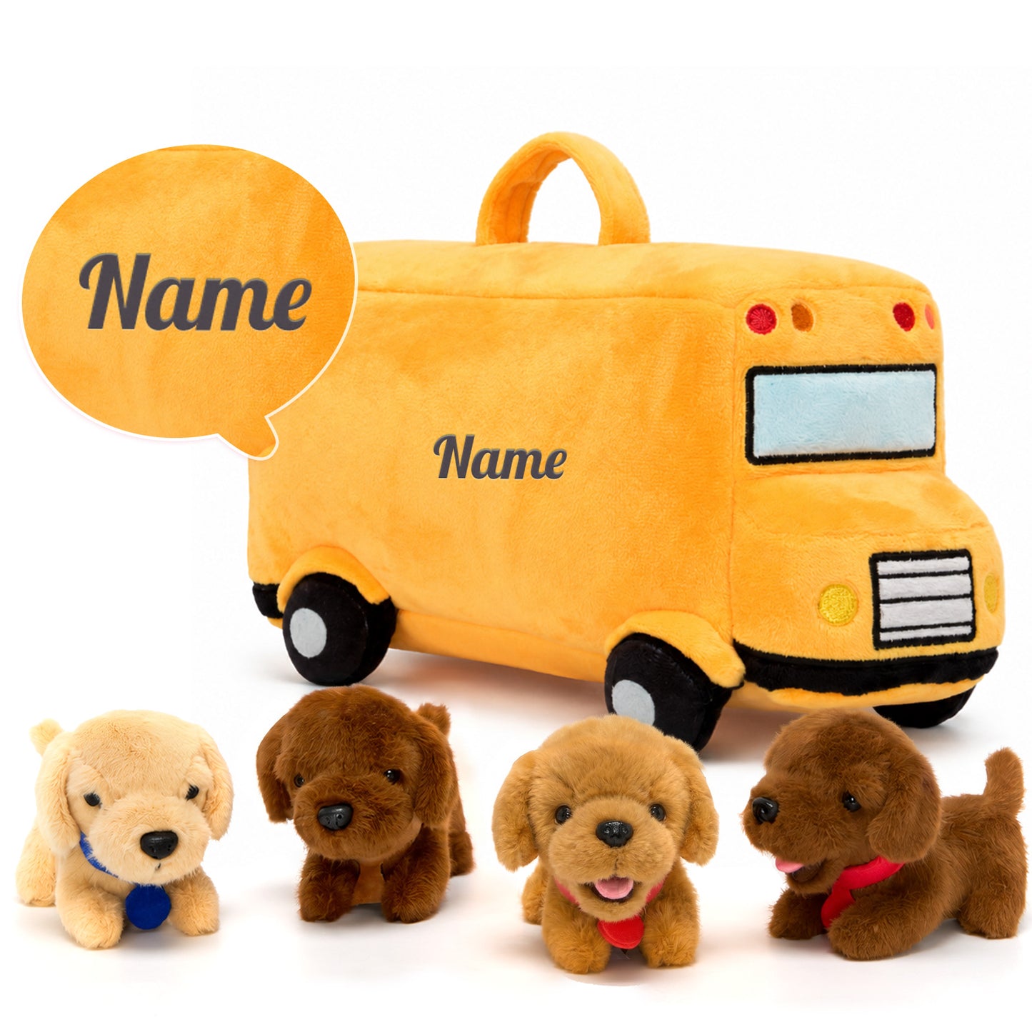 Personalisierbares Plüsch-Schulbus-Spielset mit Golden-Retriever-Welpen (5-teiliges Set)