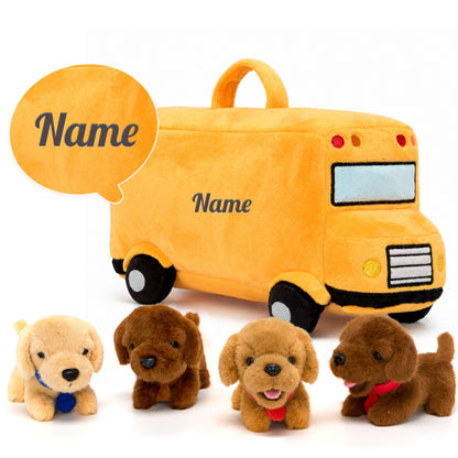 Personalisierbares Plüsch-Schulbus-Spielset mit Golden-Retriever-Welpen (5-teiliges Set)
