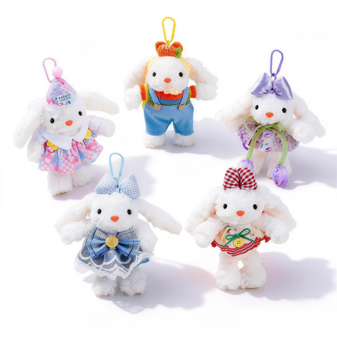 Set mit 5 Anzieh-Hasen-Schlüsselanhänger-Puppen