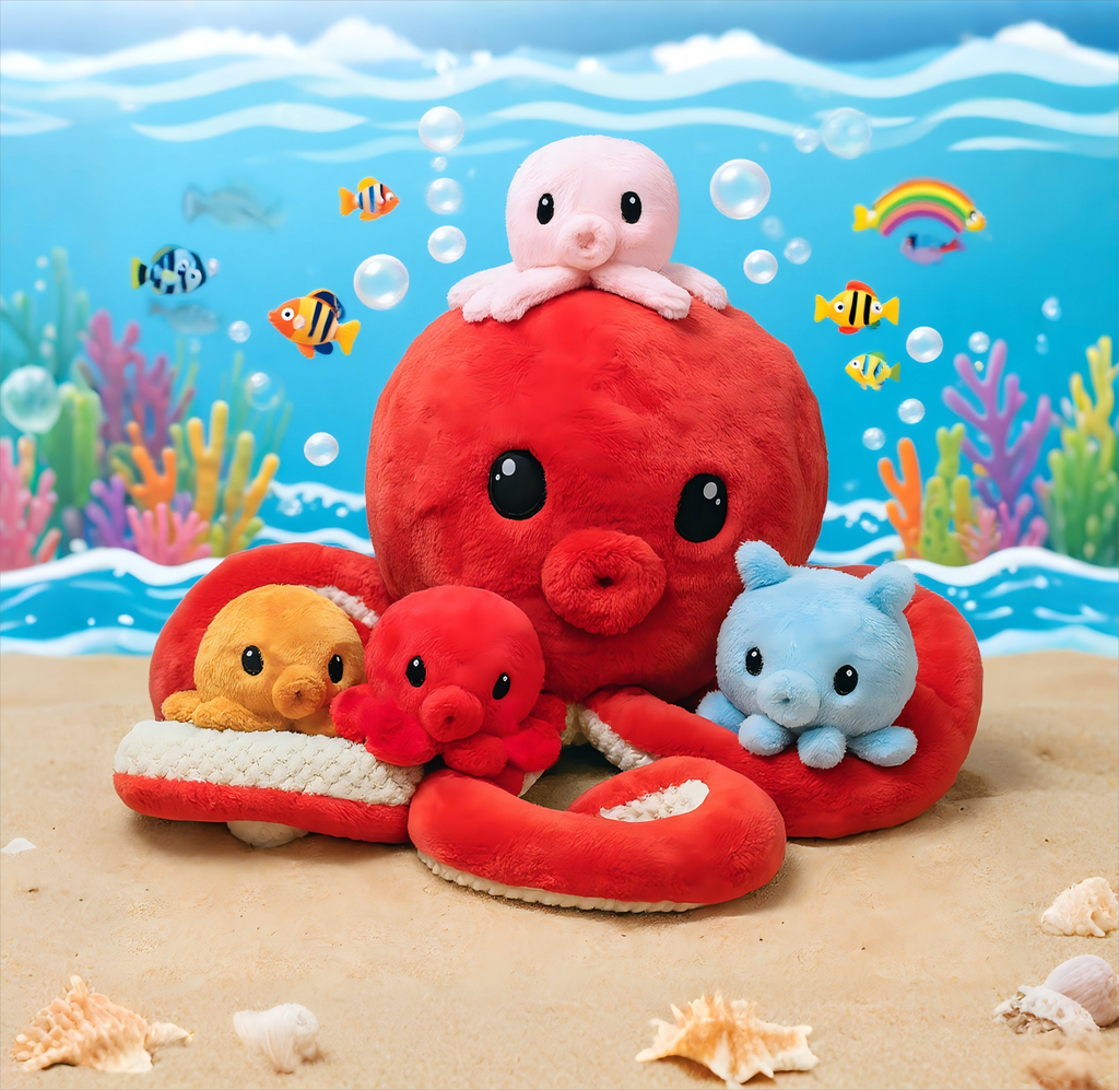 Oktopus-Stofftier mit 4 Baby-Oktopussen darin