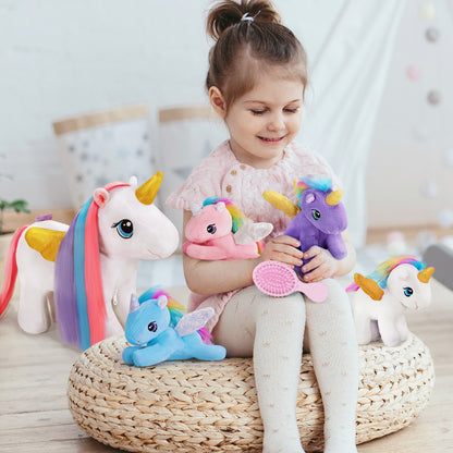 Einhorn-Mama mit Regenbogenmähne und 4 Babys – Plüschfigur