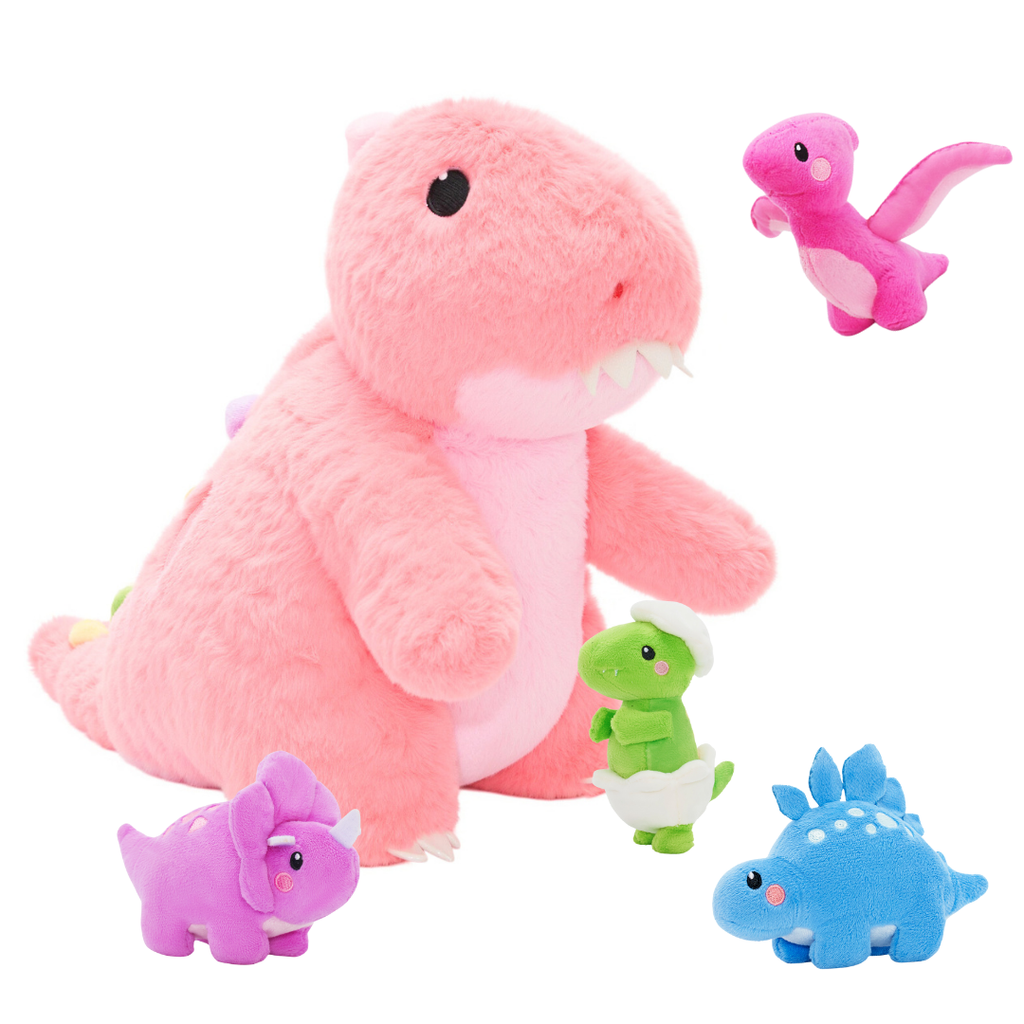 Rosa T-Rex Plüsch-Dinosaurier mit Babys und Umhängeband
